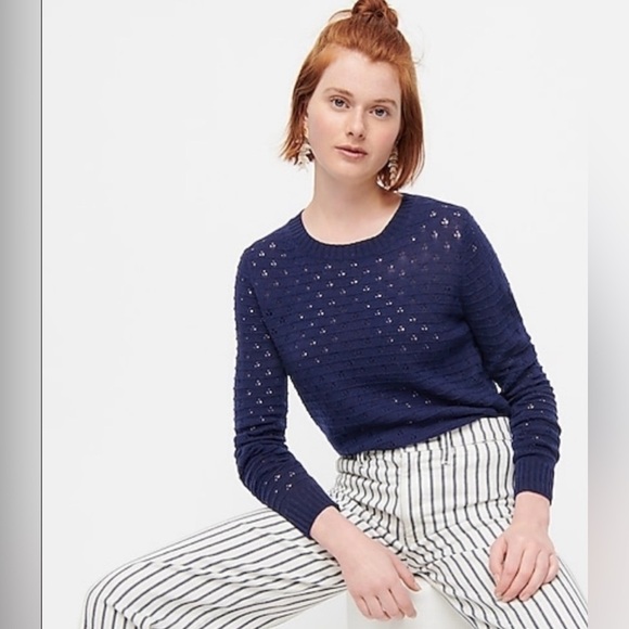 J Crew Scalloped Crewneck Pointelle Knit Navy Blue Sweater XS - Picture 1 of 7